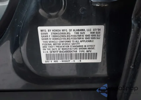2004 Honda Pilot Ex из США, поврежденный, VIN 5FNYF18434B004744